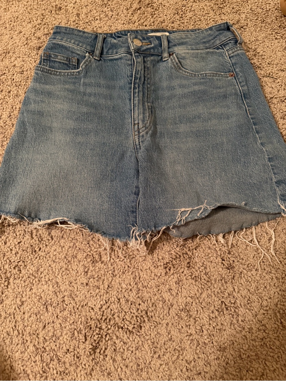 H&M High-Waist Distressed Denim Mini Shorts- Light Blue